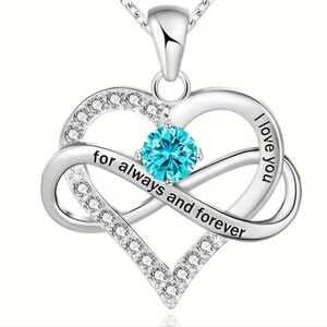 Aquamarine March Birthstone Infinity heart I Love You silver tone necklace